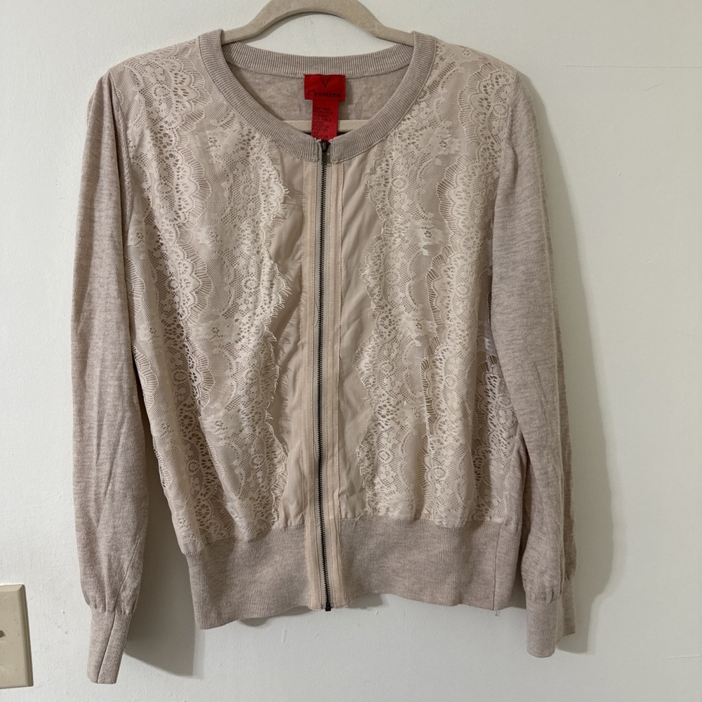 V Cristina Full Zip Long Sleeve Beige Top Womens Size Large